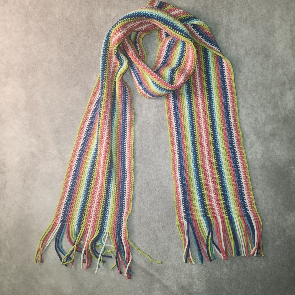 Y2K Rainbow Striped Skinny Knit Scarf Colorful Fringe Preppy New York & Company